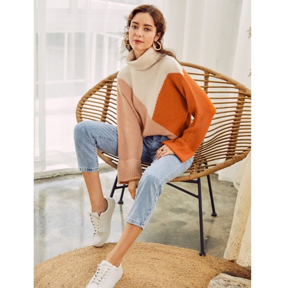 Colorblock Trutleneck Sweater Orange Beige - Picture 3 of 16